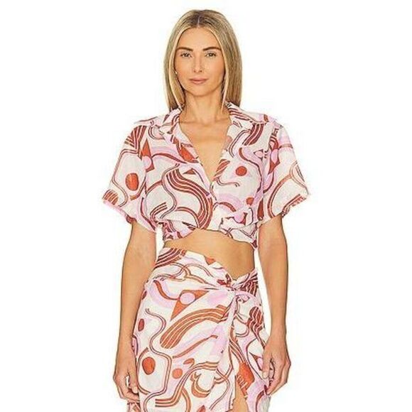 Astr Tops - ASTR the Label Women's Small Tamela Top in Pink Geo Cropped